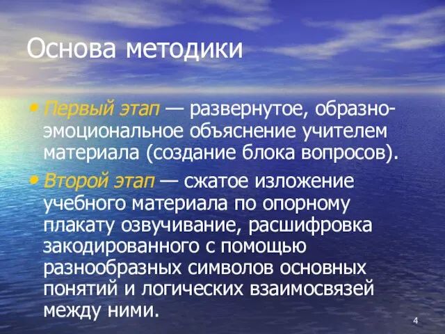 Основа методики Первый этап — развернутое, образно-эмоциональное объяснение учителем материала (создание блока