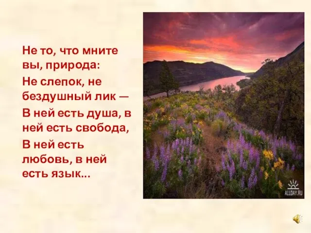 Не то, что мните вы, природа: Не слепок, не бездушный лик —