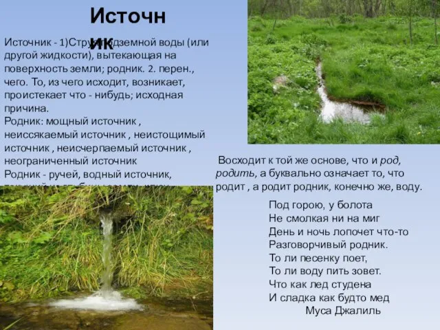 Источник - 1)Струя подземной воды (или другой жидкости), вытекающая на поверхность земли;