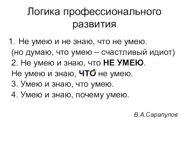 Логика профессионального развития Не умею и не знаю, что не умею. (но