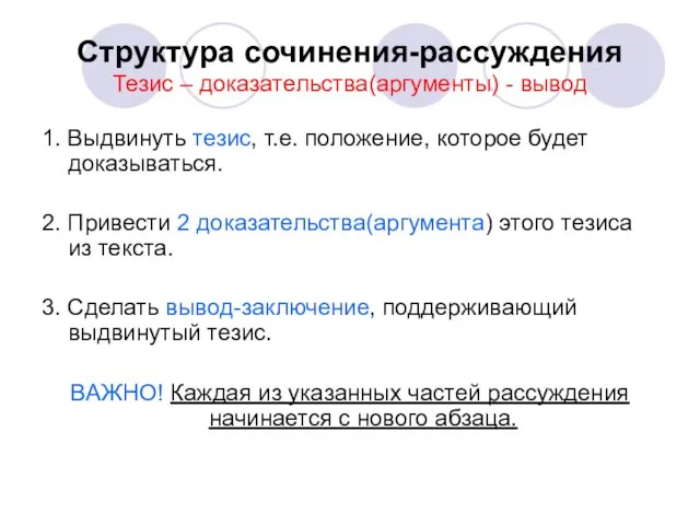 Структура сочинения-рассуждения Тезис – доказательства(аргументы) - вывод 1. Выдвинуть тезис, т.е. положение,