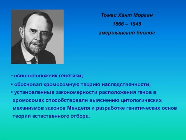 Томас Хант Морган 1866 – 1945 американский биолог основоположник генетики; обосновал хромосомную