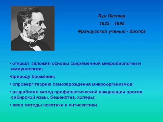 Луи Пастер 1822 – 1895 Французский ученый - биолог открыл заложил основы