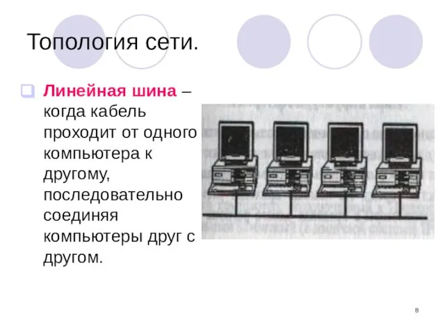 Топология сети. Линейная шина – когда кабель проходит от одного компьютера к