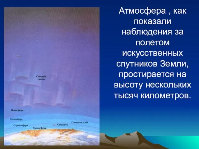 Атмосфера , как показали наблюдения за полетом искусственных спутников Земли, простирается на высоту нескольких тысяч километров.