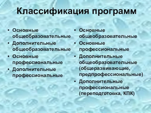 Классификация программ Основные общеобразовательные Дополнительные общеобразовательные Основные профессиональные Дополнительные профессиональные Основные общеобразовательные