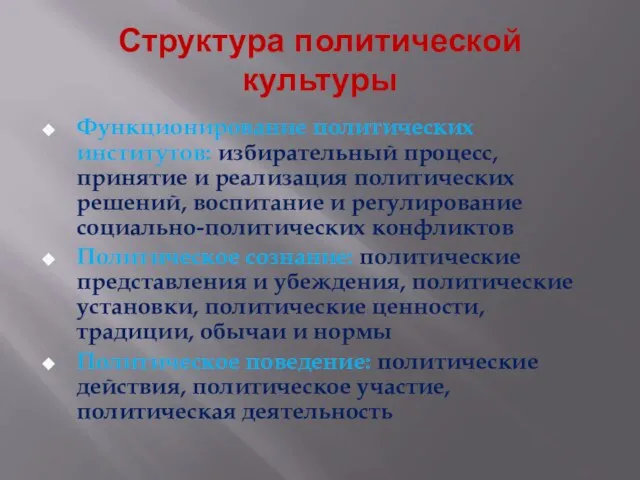 Структура политической культуры Функционирование политических институтов: избирательный процесс, принятие и реализация политических