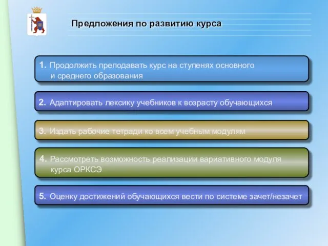 Предложения по развитию курса 1. Продолжить преподавать курс на ступенях основного и