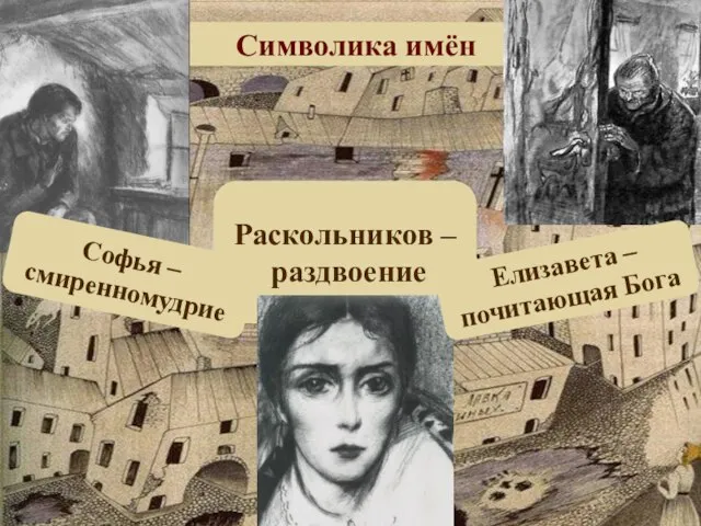 Раскольников – раздвоение Символика имён Елизавета – почитающая Бога Софья – смиренномудрие