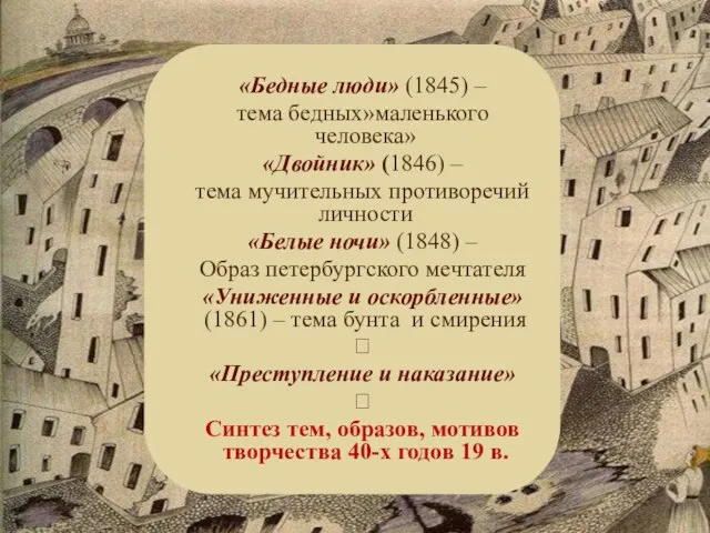 «Бедные люди» (1845) – тема бедных»маленького человека» «Двойник» (1846) – тема мучительных