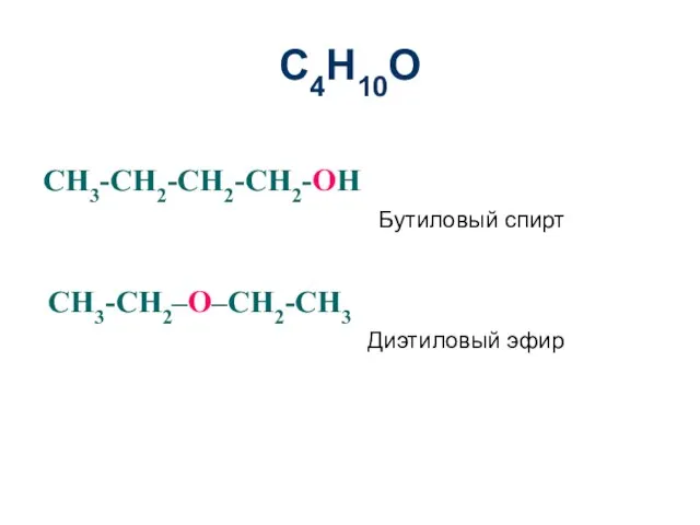С4H10O CH3-CH2-CH2-CH2-OH Бутиловый спирт CH3-CH2–O–CH2-CH3 Диэтиловый эфир