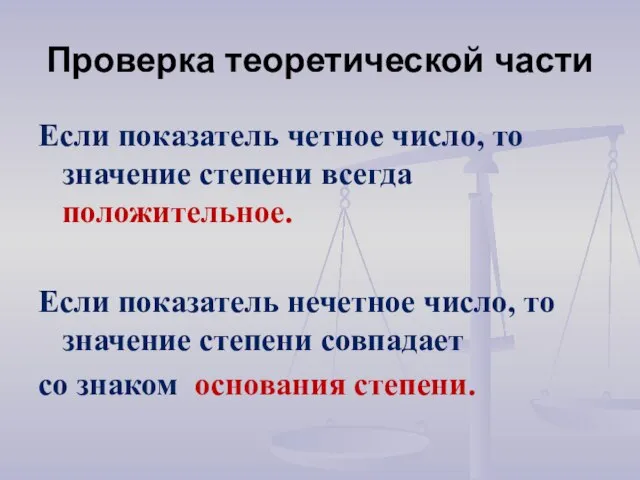 Проверка теоретической части Если показатель четное число, то значение степени всегда положительное.