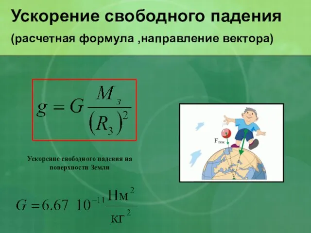 Ускорение свободного падения (расчетная формула ,направление вектора) Ускорение свободного падения на поверхности Земли