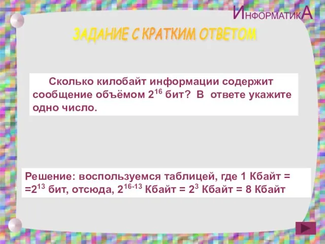 ЗАДАНИЕ С КРАТКИМ ОТВЕТОМ Сколько килобайт информации содержит сообщение объёмом 216 бит?