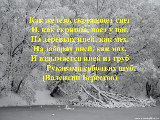 Как железо, скрежещет снег И, как скрипка, поет у ног. На деревьях