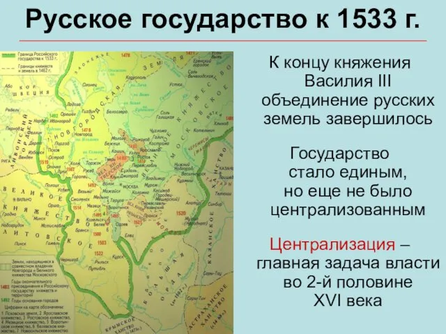 Русское государство к 1533 г. К концу княжения Василия III объединение русских