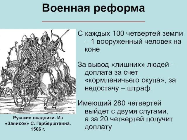 Военная реформа С каждых 100 четвертей земли – 1 вооруженный человек на