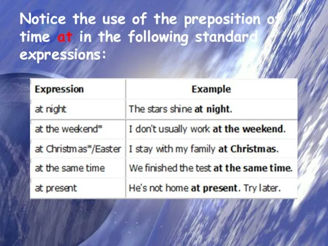Notice the use of the preposition of time at in the following standard expressions: