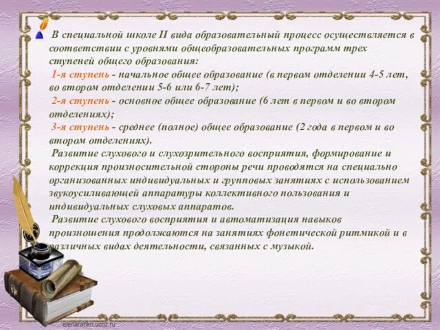 В специальной школе II вида образовательный процесс осуществляется в соответствии с уровнями