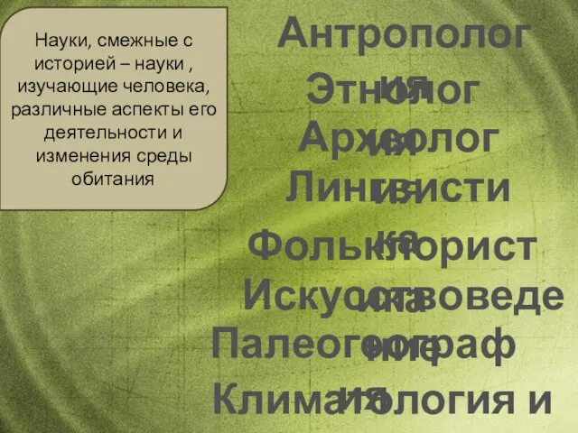 Науки, смежные с историей – науки , изучающие человека, различные аспекты его