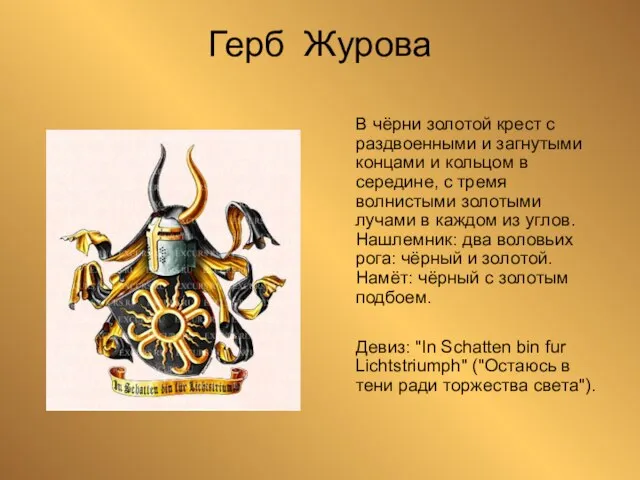 Герб Журова В чёрни золотой крест с раздвоенными и загнутыми концами и