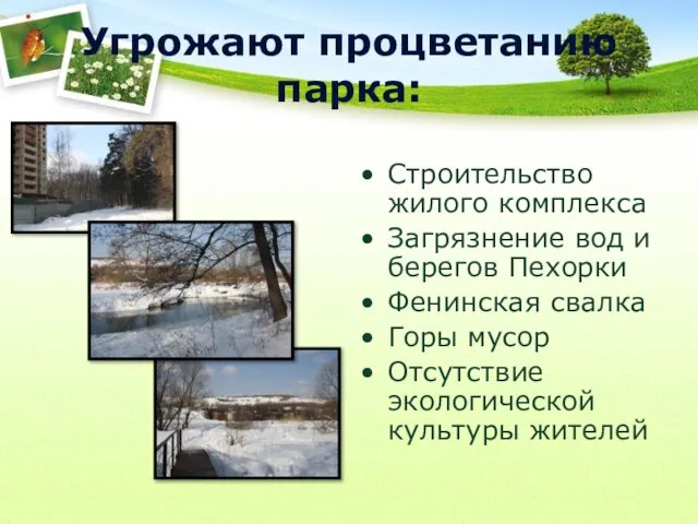 Угрожают процветанию парка: Строительство жилого комплекса Загрязнение вод и берегов Пехорки Фенинская