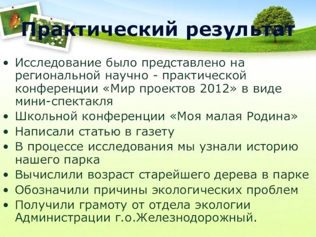 Практический результат Исследование было представлено на региональной научно - практической конференции «Мир