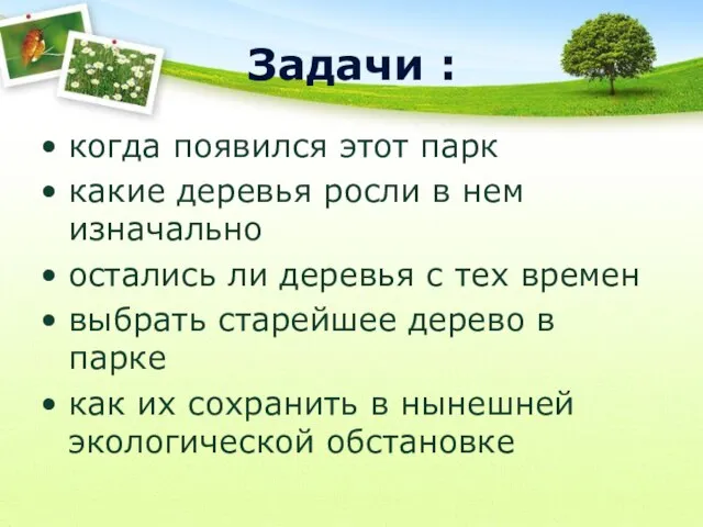 Задачи : когда появился этот парк какие деревья росли в нем изначально