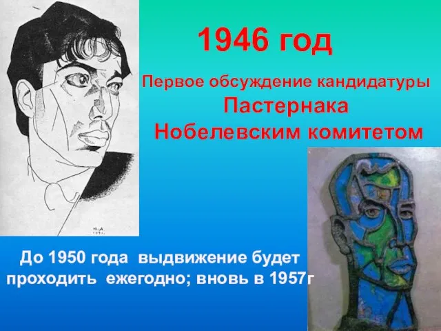 1946 год Первое обсуждение кандидатуры Пастернака Нобелевским комитетом До 1950 года выдвижение