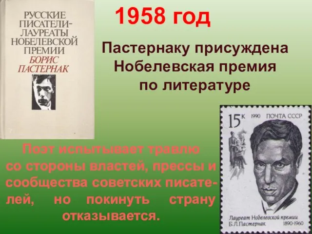 1958 год Пастернаку присуждена Нобелевская премия по литературе Поэт испытывает травлю со