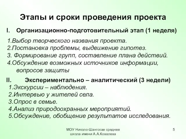 МОУ Николо-Шангская средняя школа имени А.А.Ковалева Этапы и сроки проведения проекта Экспериментально