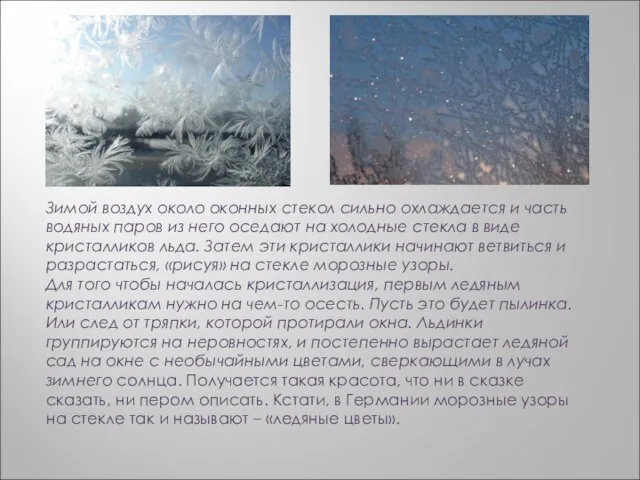 Зимой воздух около оконных стекол сильно охлаждается и часть водяных паров из