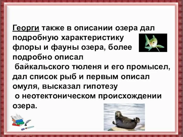 Георги также в описании озера дал подробную характеристику флоры и фауны озера,