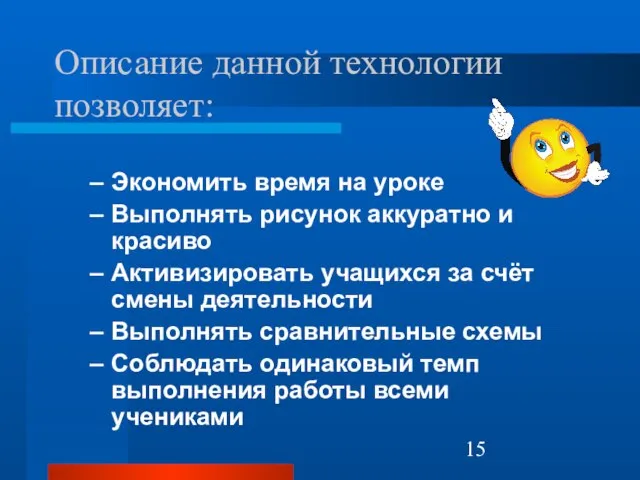 Описание данной технологии позволяет: Экономить время на уроке Выполнять рисунок аккуратно и