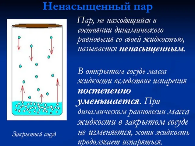 Ненасыщенный пар Пар, не находящийся в состоянии динамического равновесия со своей жидкостью,