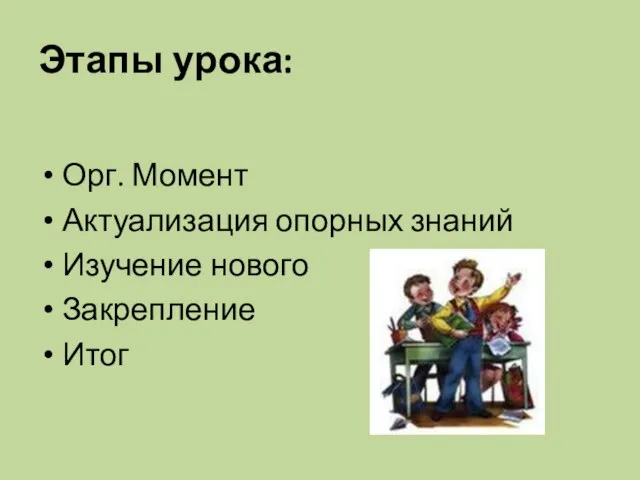 Этапы урока: Орг. Момент Актуализация опорных знаний Изучение нового Закрепление Итог