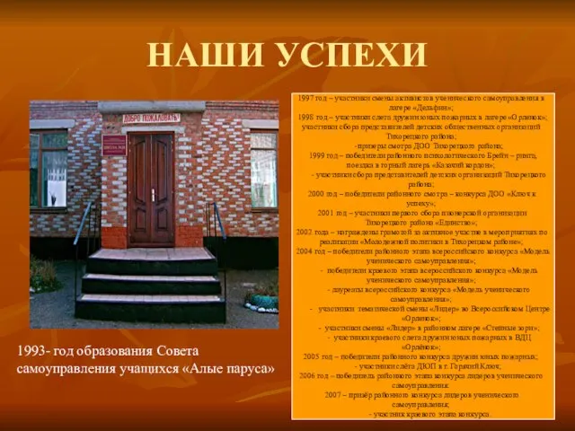 НАШИ УСПЕХИ 1997 год – участники смены активистов ученического самоуправления в лагере