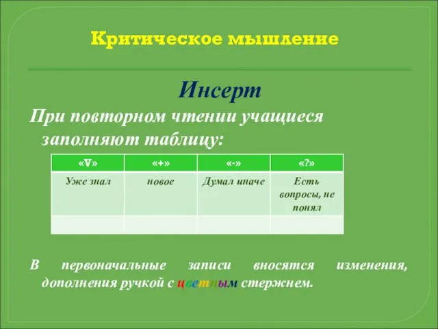 Критическое мышление Инсерт При повторном чтении учащиеся заполняют таблицу: В первоначальные записи