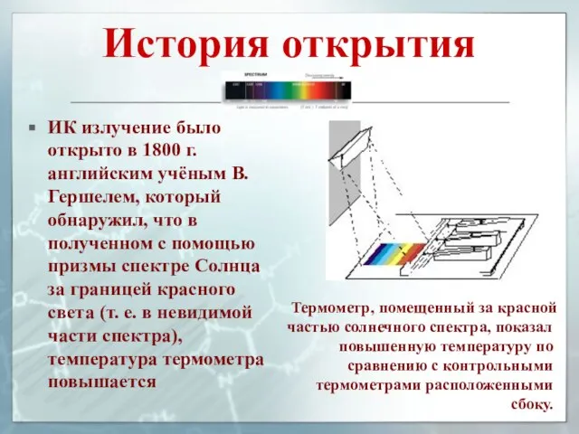 История открытия Термометр, помещенный за красной частью солнечного спектра, показал повышенную температуру