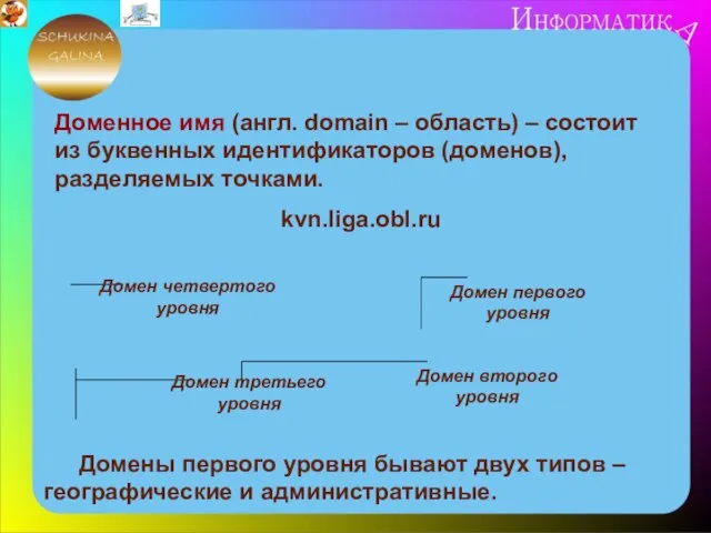 Доменное имя (англ. domain – область) – состоит из буквенных идентификаторов (доменов),