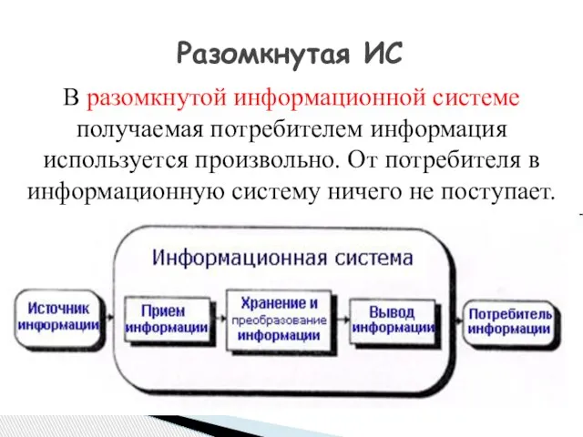 Разомкнутая ИС В разомкнутой информационной системе получаемая потребителем информация используется произвольно. От