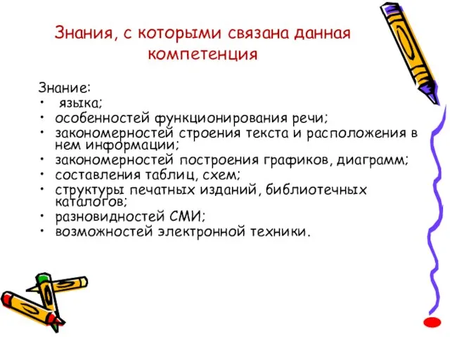 Знания, с которыми связана данная компетенция Знание: языка; особенностей функционирования речи; закономерностей