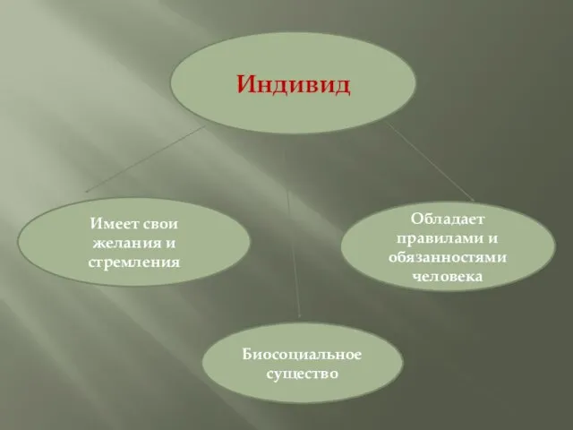 Индивид Имеет свои желания и стремления Биосоциальное существо Обладает правилами и обязанностями человека