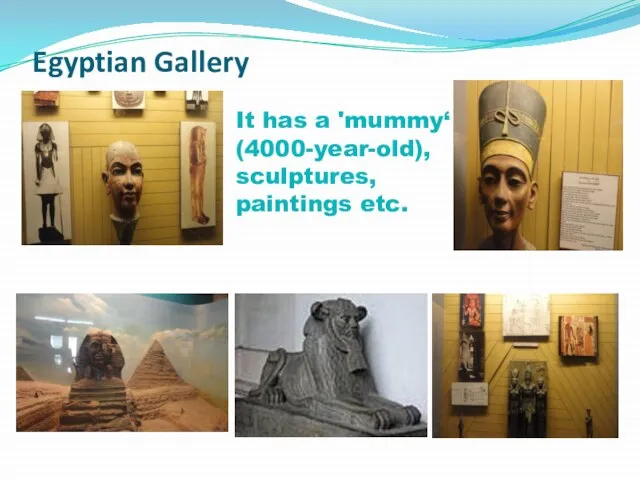 Egyptian Gallery It has a 'mummy‘ (4000-year-old), sculptures, paintings etc.