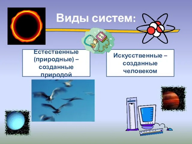 Виды систем: Естественные (природные) – созданные природой Искусственные – созданные человеком