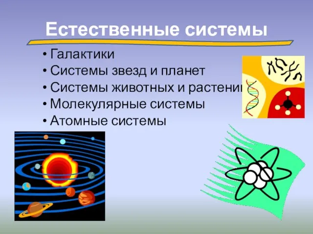 Естественные системы Галактики Системы звезд и планет Системы животных и растений Молекулярные системы Атомные системы