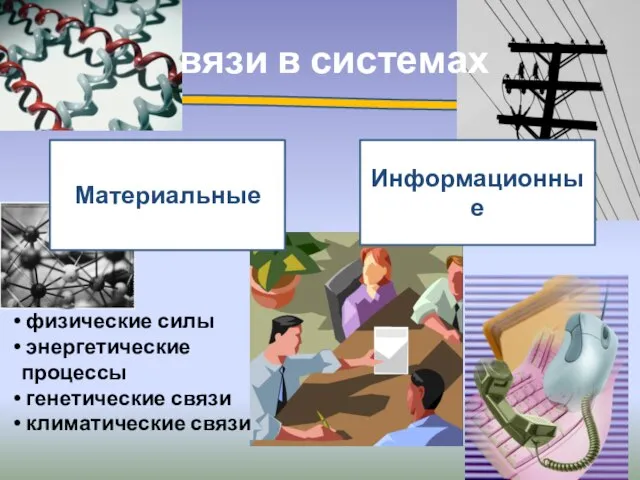 Связи в системах Информационные Материальные физические силы энергетические процессы генетические связи климатические связи