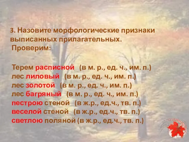 3. Назовите морфологические признаки выписанных прилагательных. Проверим: Терем расписной (в м. р.,