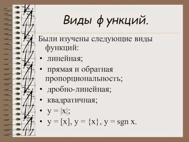 Виды функций. Были изучены следующие виды функций: линейная; прямая и обратная пропорциональность;