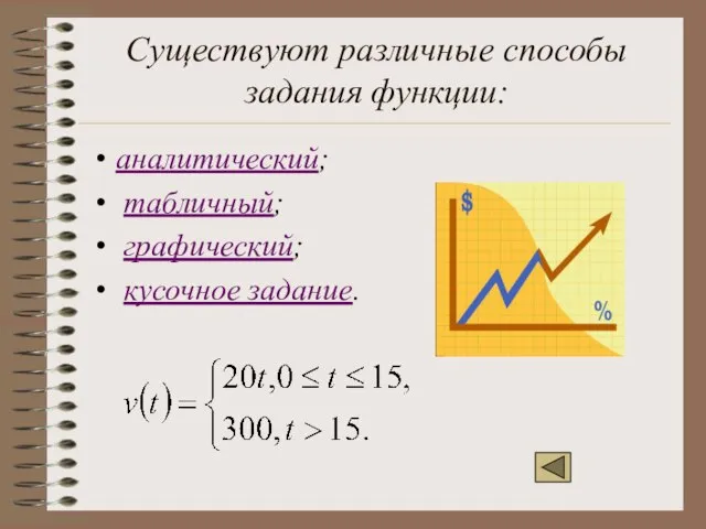 Существуют различные способы задания функции: аналитический; табличный; графический; кусочное задание.